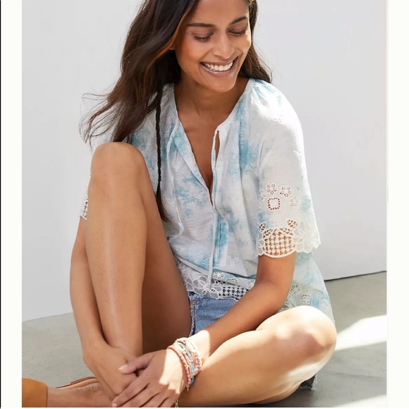 ANTHROPOLOGIE Embroidered Tie-Dye Short Sleeve Blouse - Picture 5 of 5